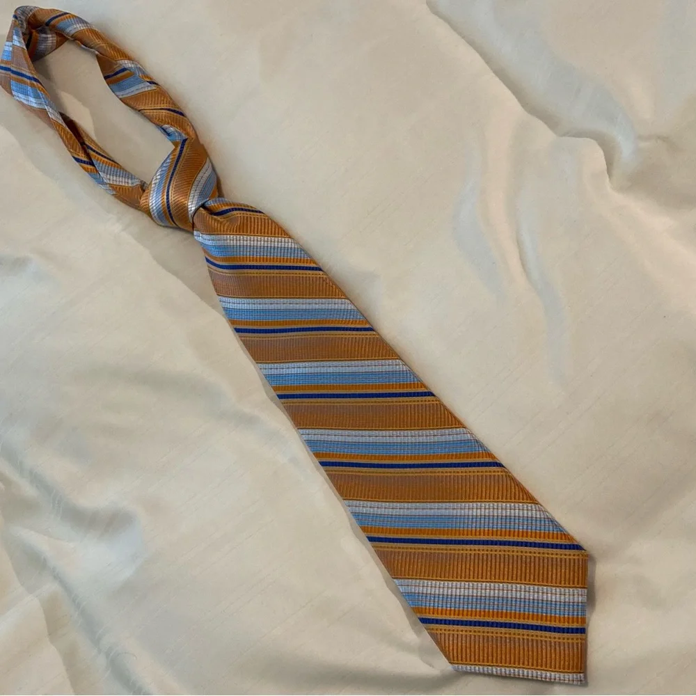 Impermeable by Weatherproof Orange & Blue Striped Boys Tie 100% Silk Handmade